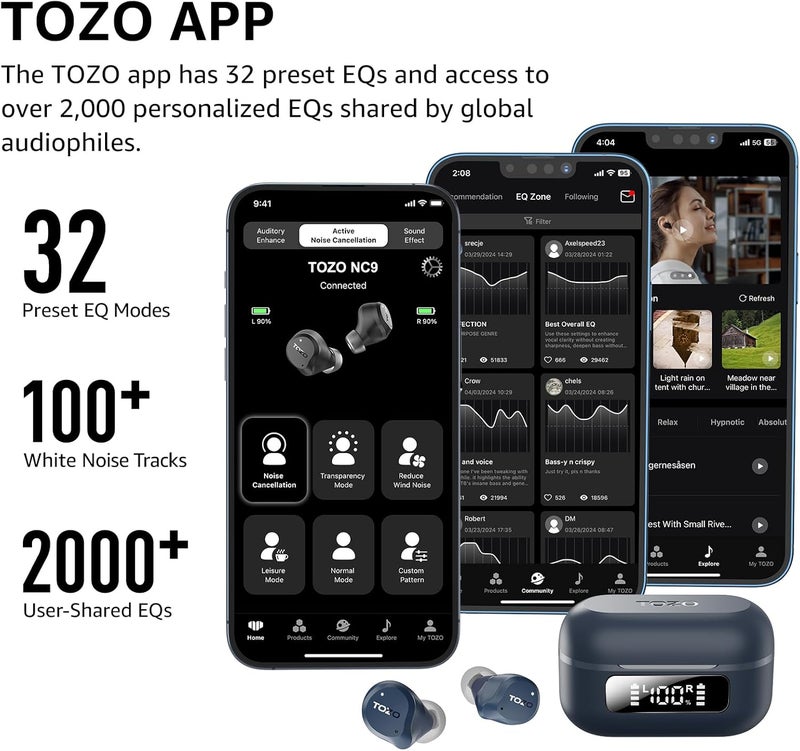 TOZO سماعات أذن لاسلكية NC9 هجين نشط لإلغاء الضوضاء، 6 ميكروفونات ENC لمكالمات واضحة، مقاومة للماء IPX8، سماعات بلوتوث 5.3 في الأذن، سماعات ستيريو بيس مع وقت تشغيل 59 ساعة مع شاشة LED و32 إعداد EQ عبر التطبيق - Image 5